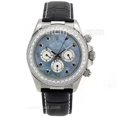 Rolex Daytona Working Diamond Bezel And Black Diamond Markers With Blue Mop Dial Black Leather Strap