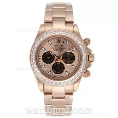 Rolex Daytona Working Full Rose Gold Diamond Bezel Stick Markers With Champagne Dial