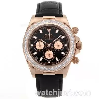 Rolex Daytona Working Rose Gold Case With Diamond Bezel And Black Dial