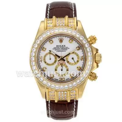 Rolex Daytona Working Gold Case Diamond Bezel And Markers With White Dial Leather Strap