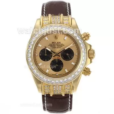 Rolex Daytona Working Gold Case Diamond Bezel Stick Markers With Golden Dial Leather Strap