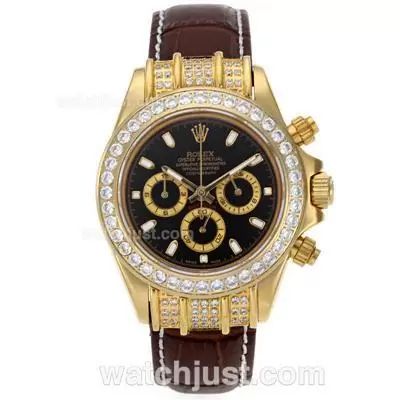 Rolex Daytona Working Gold Case Diamond Bezel Stick Markers With Black Dial Leather Strap