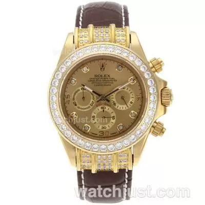 Rolex Daytona Working Gold Case Diamond Bezel And Markers With Golden Dial Leather Strap