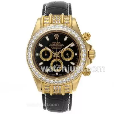 Rolex Daytona Working Gold Case Diamond Bezel Stick Markers With Black Dial Leather Strap