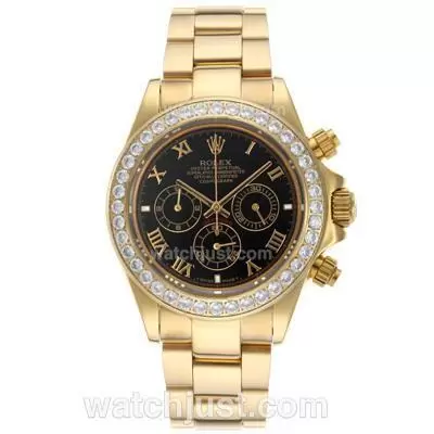 Rolex Daytona Working Full Gold Diamond Bezel Roman Markers With Black Dial