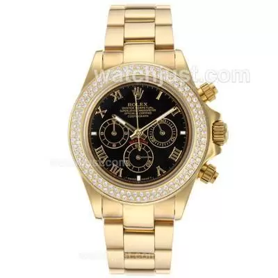 Rolex Daytona Working Full Gold Diamond Bezel Roman Markers With Black Dial