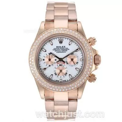 Rolxe Daytona Working Full Rose Gold Diamond Bezel Stick Markers With White Dial