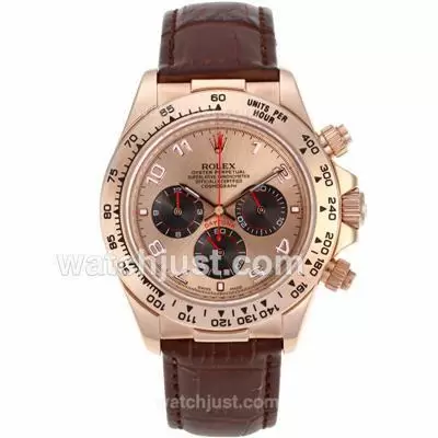 Rolex Daytona Working Rose Gold Case Number Markers With Rose Gold Dial Leather Strap