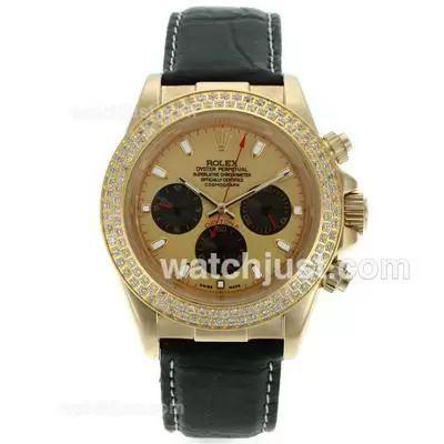 Rolex Daytone Automatic Diamond Bezel With Golden Dial Leather Strap