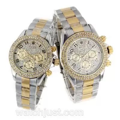 Rolex Daytona Automatic Two Tone With Number Marking Diamond Dial Couple Watch