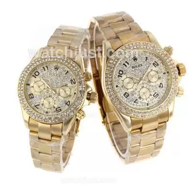 Rolex Daytona Automatic Full Gold With Number Marking Diamond Dial Couple Watch