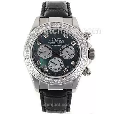 Rolex Daytona Chronogarph Automatic Movement Diamond Markers And Bezel With Black Mop Dial Leather Strap