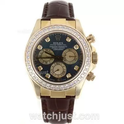 Rolex Daytona Chronogarph Automatic Movement Full Gold Case Diamond Markers And Bezel With Black Mop Dial Leathe