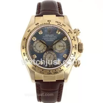 Rolex Daytona Chronogarph Automatic Movement Full Gold Case Diamond Markers With Black Mop Dial Leather Strap