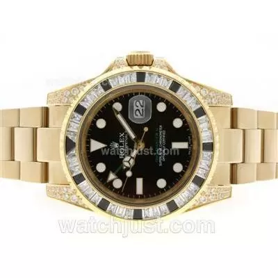 Rolex Gmt Master Ii Automatic Full Gold Black Cz Diamond Bezel With Black Dial