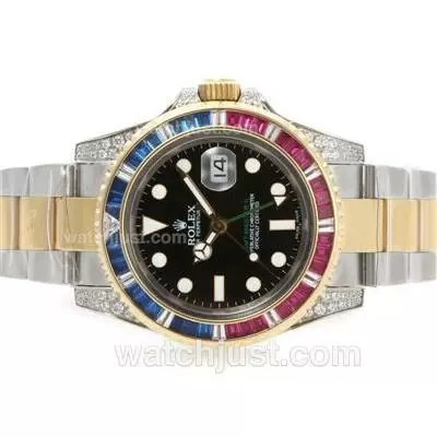 Rolex Gmt Master Ii Automatic Movement Two Tone Red/blue Cz Diamond Bezel