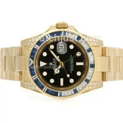 Rolex Gmt Master Ii Automatic Movement Full Gold Blue Cz Diamond Bezel