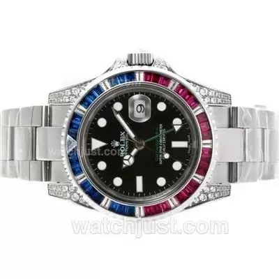 Rolex Gmt Master Ii Automatic Movement Red/blue Cz Diamond Bezel