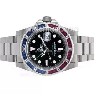 Rolex Gmt Master Ii Automatic Movement Red/blue Cz Diamond Bezel With Black Dial