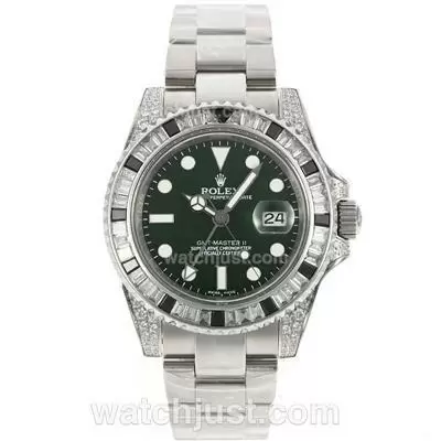 Rolex Gmt Master Ii Automatic Movement Black/white Cz Diamond Bezel With Green Dial S/s