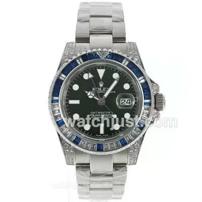 Rolex Gmt Master Ii Automatic Movement Blue/white Cz Diamond Bezel With Green Dial S/s