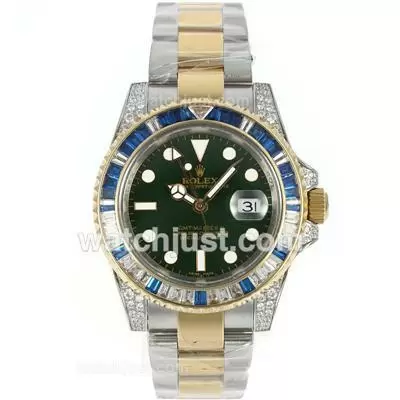 Rolex Gmt Master Ii Automatic Movement Two Tone Blue/white Cz Diamond Bezel With Green Dial