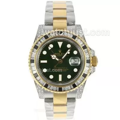 Rolex Gmt Master Ii Automatic Movement Two Tone Black/white Cz Diamond Bezel With Green Dial