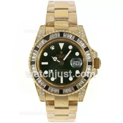 Rolex Gmt Master Ii Automatic Movement Full Gold Black/white Cz Diamond Bezel With Green Dial