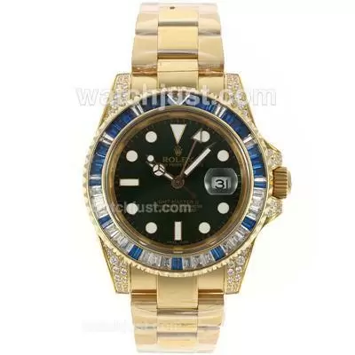 Rolex Gmt Master Ii Automatic Movement Full Gold Blue/white Cz Diamond Bezel With Green Dial