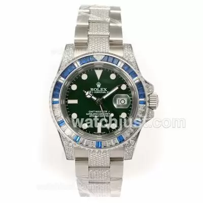 Rolex Gmt Master Ii Automatic Movement Blue/white Cz Diamond Bezel With Green Dial Diamond Strap