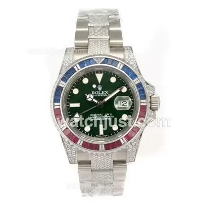 Rolex Gmt Master Ii Automatic Movement Blue/red Cz Diamond Bezel With Green Dial Diamond Strap