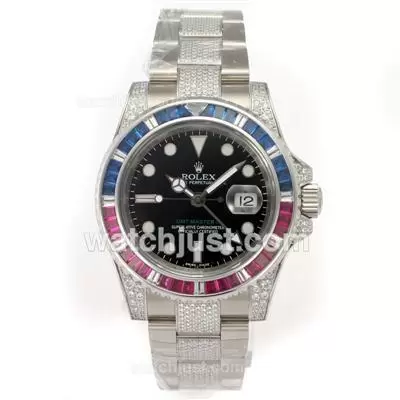 Rolex Gmt Master Ii Automatic Movement Blue/red Cz Diamond Bezel With Black Dial Diamond Strap