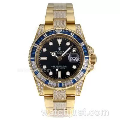 Rolex Gmt Master Ii Automatic Movement Full Gold Blue Cz Diamond Bezel With Black Dial Diamond Strap