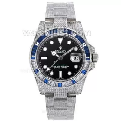 Rolex Gmt Master Ii Automatic Movement Blue/white Cz Diamond Bezel With Full Diamond Strap