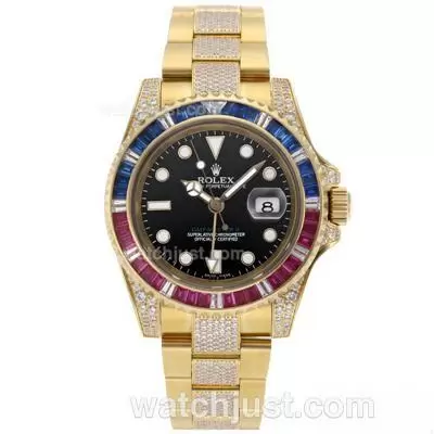 Rolex Gmt Master Ii Automatic Movement Full Gold Blue/red Cz Diamond Bezel With Diamond Strap