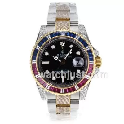 Rolex Gmt Master Automatic Movement Two Tone Blue/red Cz Diamond Bezel With Diamond Strap