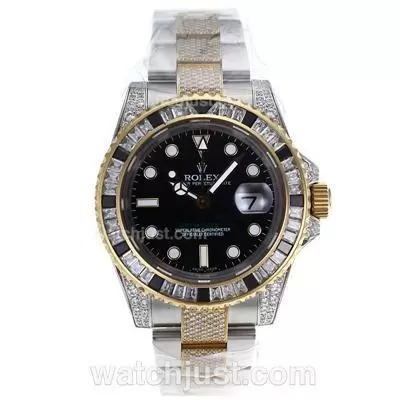 Rolex Gmt Master Ii Automatic Movement Two Tone Black/white Cz Diamond Bezel With Black Dial Diamond Strap