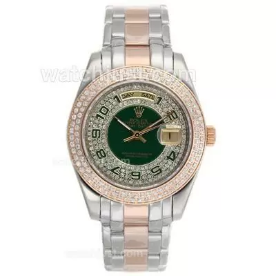 Rolex Masterpiece Ii Automatic Two Tone Diamond Bezel With Green Number Markers And Dial