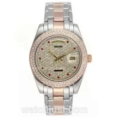 Rolex Masterpiece Ii Automatic Two Tone Diamond Bezel And Dial With Red Diamond Markers