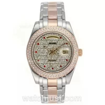 Rolex Masterpiece Ii Automatic Two Tone Diamond Bezel And Dial With Red Diamond Markers