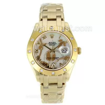 Rolex Masterpiece Automatic Movement Full Gold Diamond Bezel Roman Markers With Mop Dial Flowers Illustration