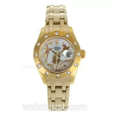 Rolex Masterpiece Automatic Movement Full Gold Diamond Bezel Roman Markers With White Mop Dial Flowers Illustration