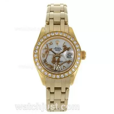 Rolex Masterpiece Automatic Movement Full Gold Diamond Bezel Roman Markers With White Mop Dial Flowers Illustration