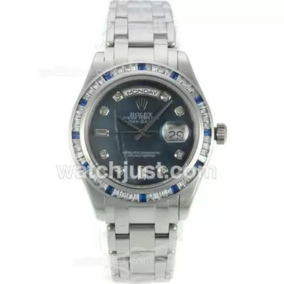 Rolex Masterpiece Automatic Cz Diamond Bezel With Blue Mop Dial Diamond Markers S/s Same Chassis As Eta Version