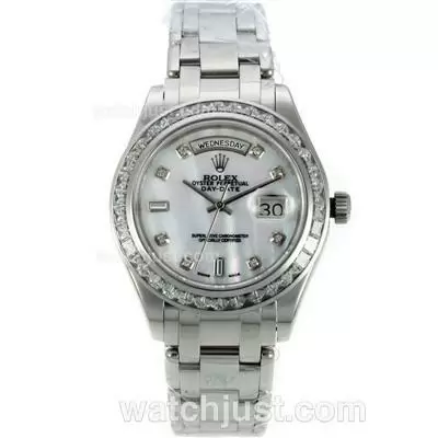 Rolex Masterpiece Automatic Cz Diamond Bezel With White Mop Dial Diamond Markers S/s Same Chassis As Eta Version