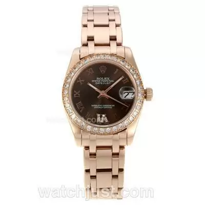 Rolex Masterpiece Automatic Full Rose Gold Diamond Bezel With Brown Dial Roman Markers