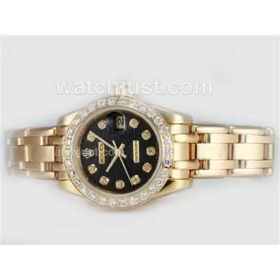 Rolex Masterpiece Automatic Full Gold Diamond Bezel And Marking With Black Computer Dial