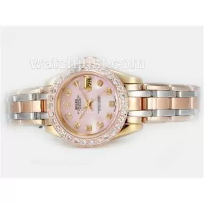 Rolex Masterpiece Automatic Three Tone Diamond Marking And Bezel With Pink Mop Dial