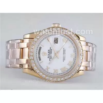 Rolex Masterpiece Automatic Full Gold Diamond Bezel With White Dial Roman Marking