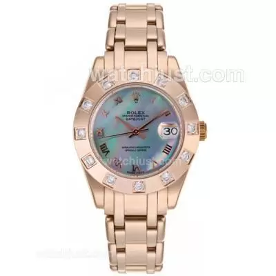 Rolex Masterpiece Automatic Movement Full Rose Gold Roman Marking With Blue Mop Dial Mid Size